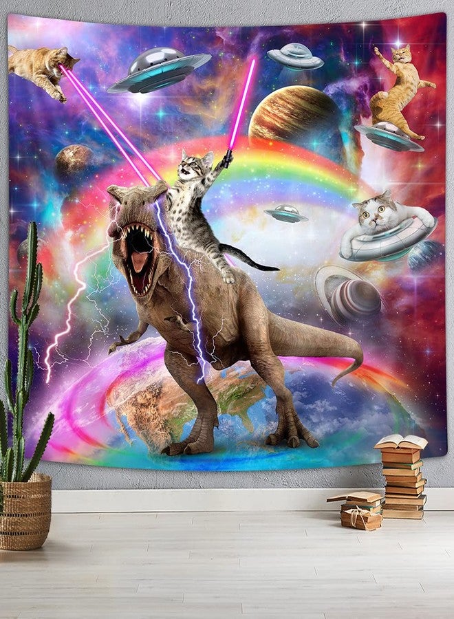 Uokiuki Funny Cat Tapestry for Boys Kids Bedroom, Cool Cat Riding Dinosaur on Fantasy Galaxy Hilarious Wall Tapestry, Funky Outer Space Universe Anime Tapestry Wall Hanging for Bedroom Living Room, 60X40IN - Image 1